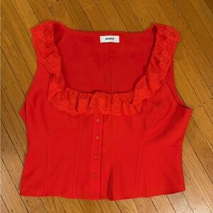 Guizio Red Lace-Ruffle Sleeveless Tank